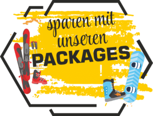 Gelber Hintergrund mit dem Text 'sparen mit unseren PACKAGES' und Grafiken von Skiern, Skischuhen und Snowboards, hebt die attraktiven Paketangebote der Skischule Aktiv hervor.
